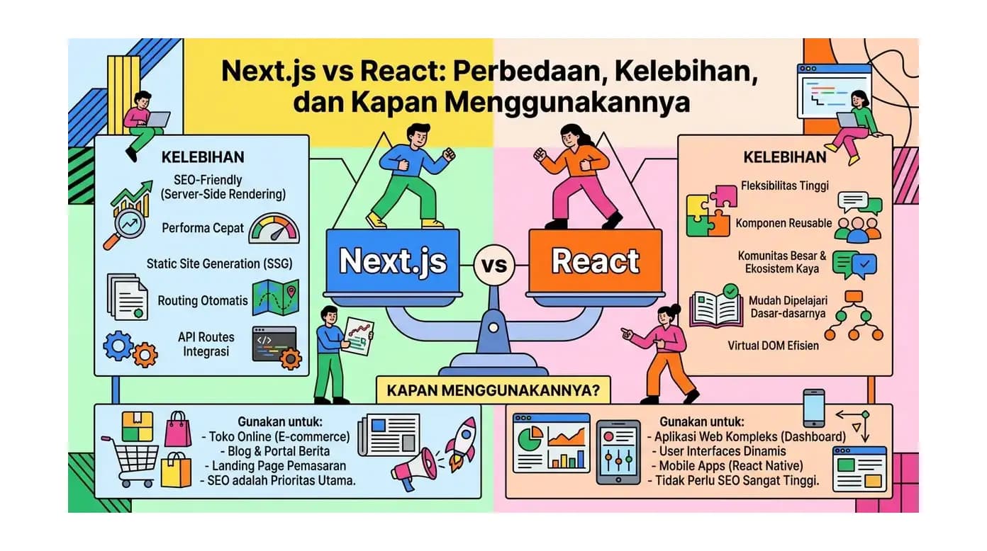 Next.js vs React: Perbedaan, Kelebihan, dan Kapan Menggunakannya