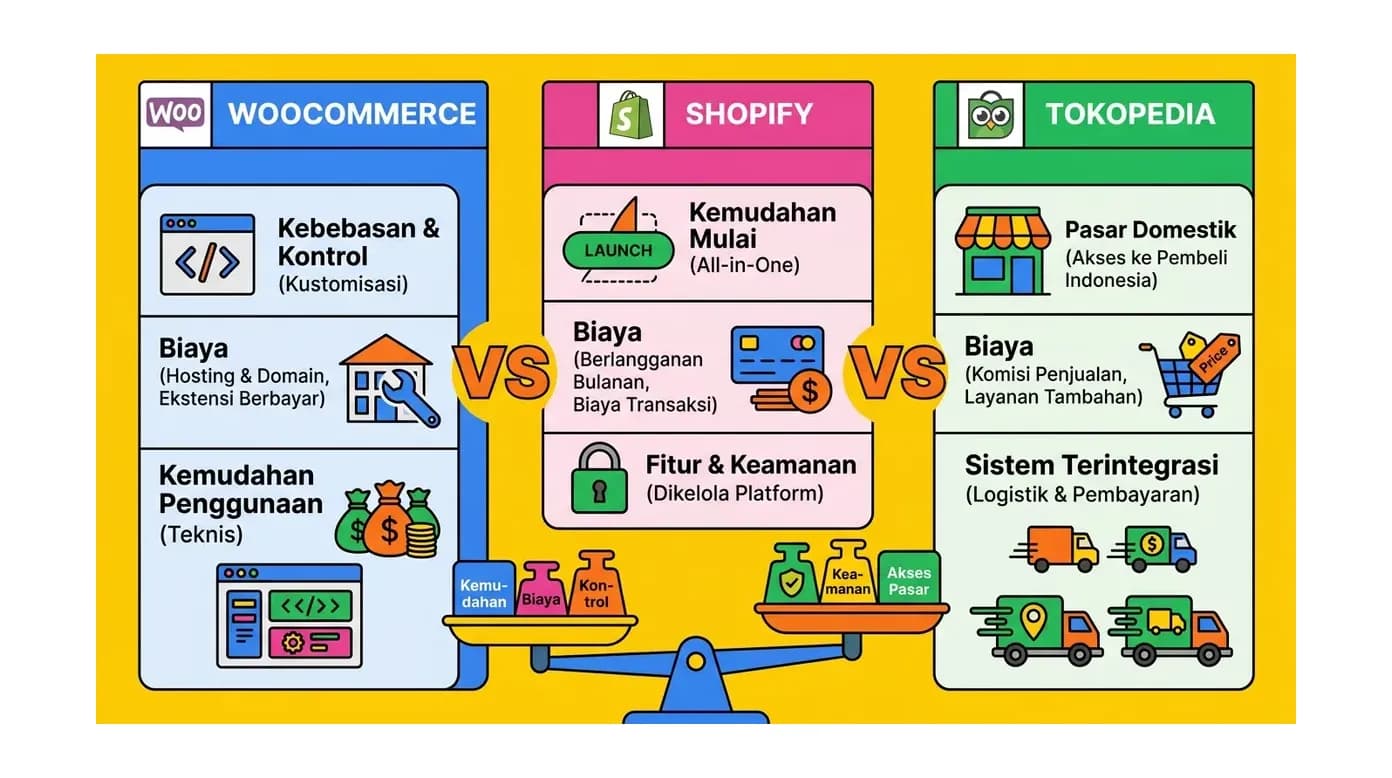Perbandingan Platform Toko Online Terbaik Indonesia 2026: WooCommerce vs Shopify vs Tokopedia