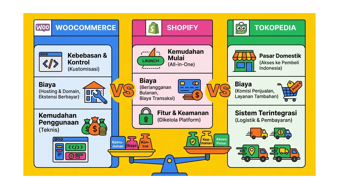 Perbandingan Platform Toko Online Terbaik Indonesia 2026: WooCommerce vs Shopify vs Tokopedia