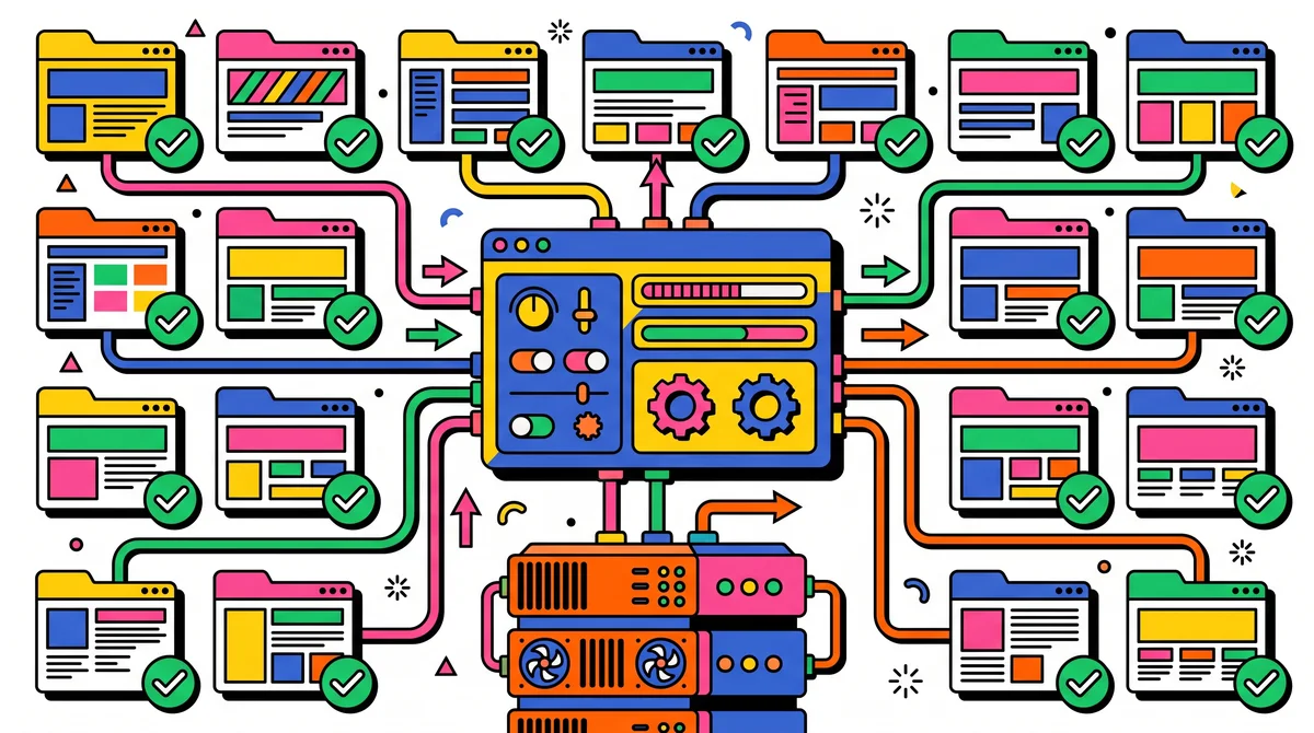 Ilustrasi dashboard pusat yang mengelola banyak jendela website klien tersusun grid, tiap jendela punya tab folder dan centang status, terhubung ke satu server