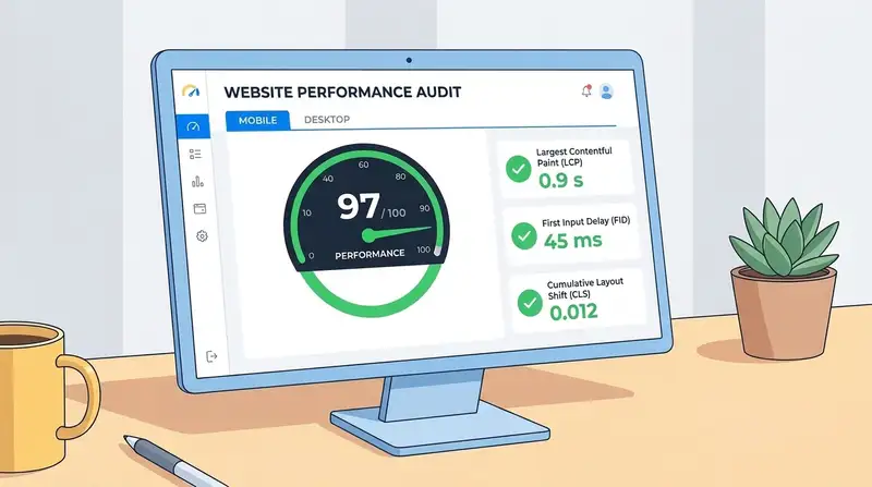Tampilan hasil audit performa website dengan skor Core Web Vitals: LCP, FID, dan CLS