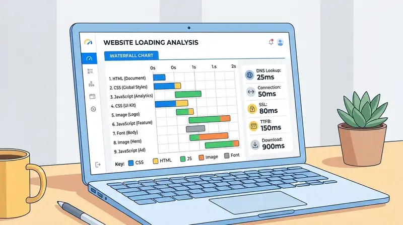 Waterfall chart menunjukkan urutan loading resource website: HTML, CSS, JavaScript, gambar, dan font