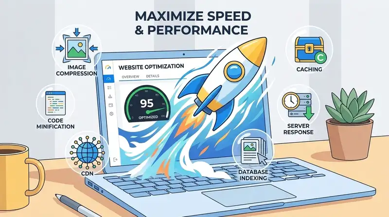 Ilustrasi optimasi kecepatan website: kompresi gambar, minifikasi kode, CDN, caching, dan server response