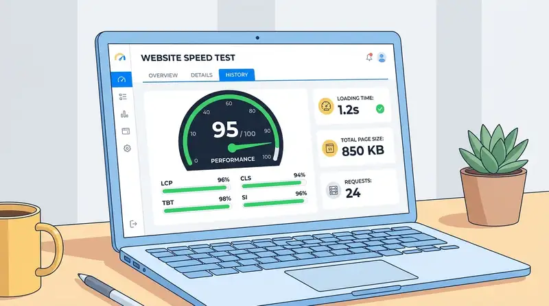 Dashboard speed test website menampilkan skor performa, loading time, dan metrik Core Web Vitals