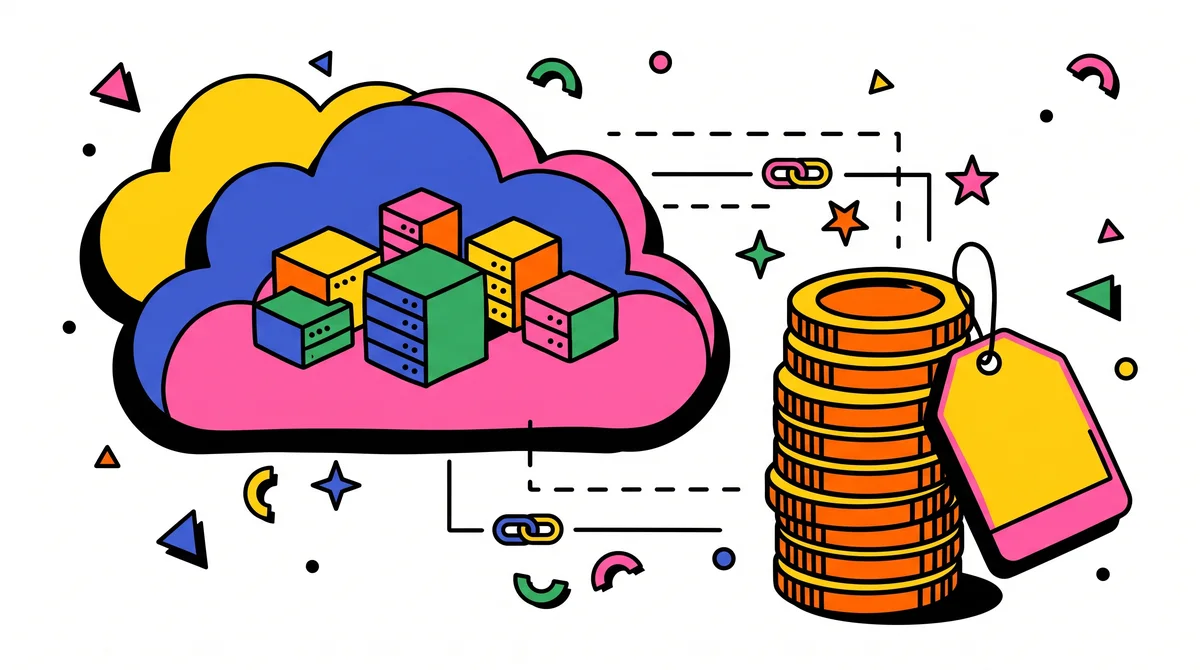 Ilustrasi awan besar berisi beberapa irisan server virtual kecil dengan tumpukan koin dan label harga kosong di sebelahnya