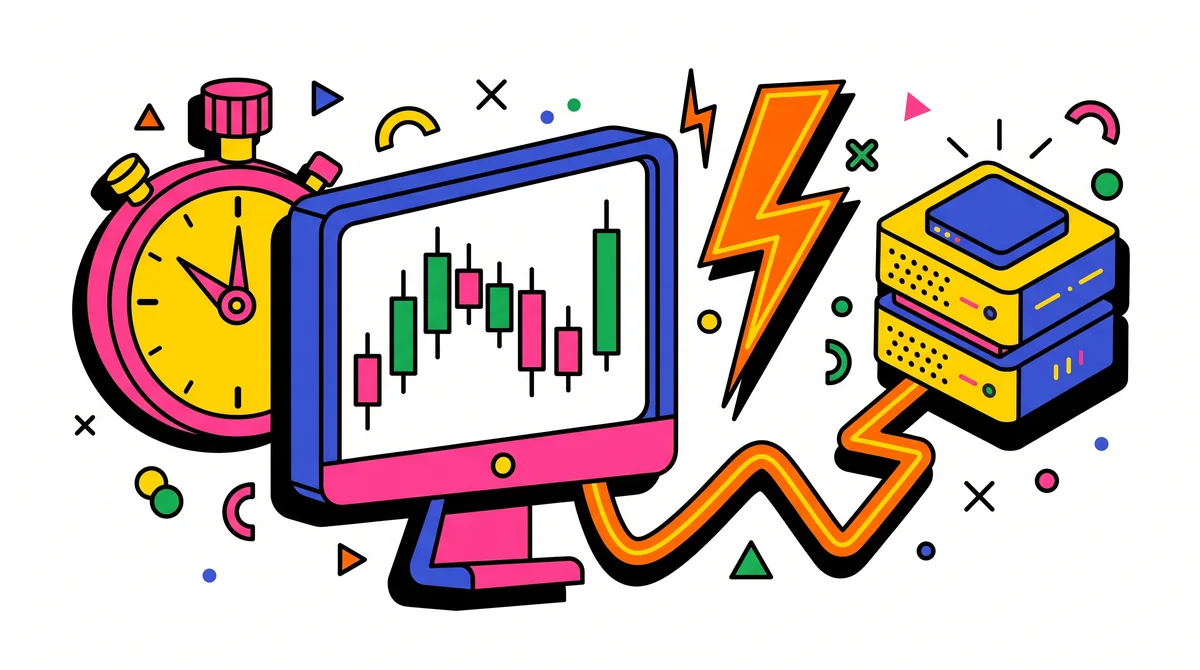 Ilustrasi monitor meja trading berisi grafik candlestick abstrak yang terhubung kabel bercahaya ke server cloud kecil, dengan stopwatch dan simbol petir