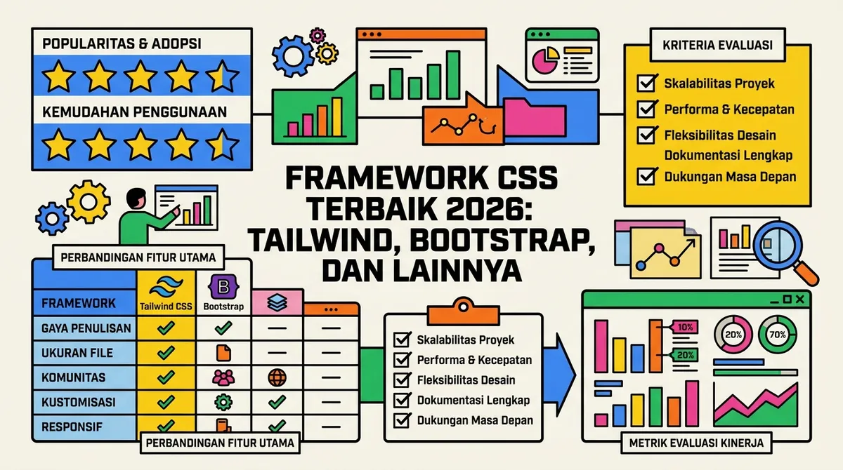 Perbandingan logo dan karakteristik framework CSS populer seperti Tailwind CSS dan Bootstrap