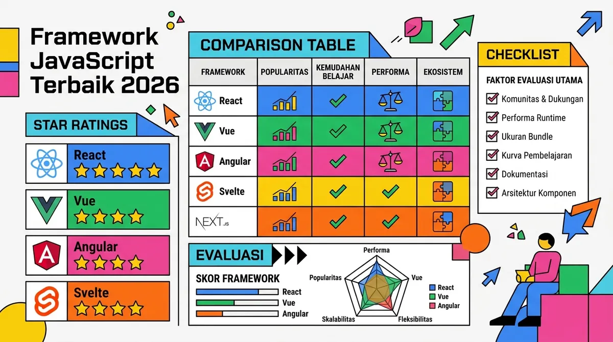 Perbandingan logo framework JavaScript React, Vue, Angular, Svelte, dan Solid
