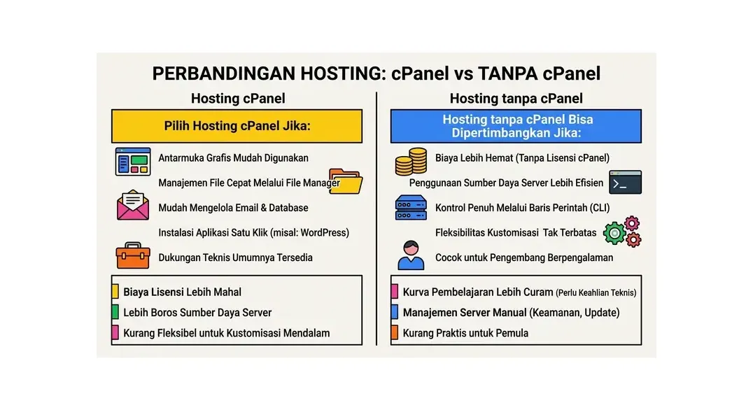 Perbandingan hosting cPanel vs hosting tanpa cPanel