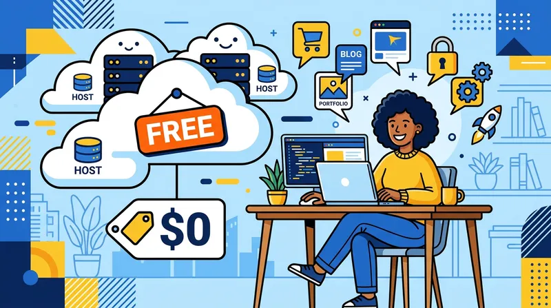 Ilustrasi konsep hosting gratis dengan cloud server dan laptop