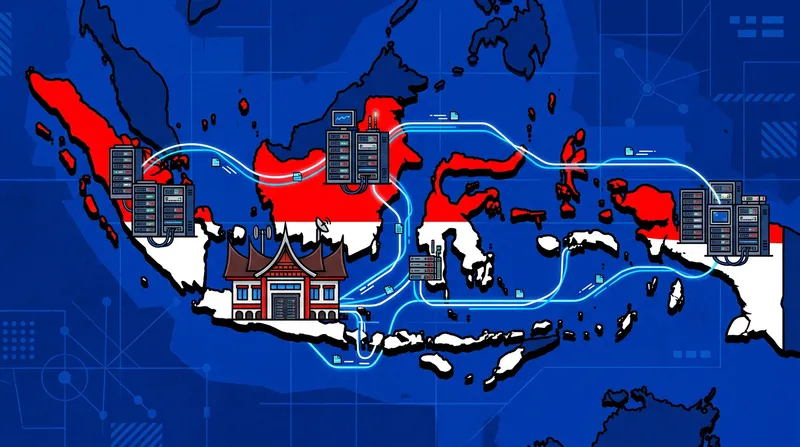 Ilustrasi server hosting Indonesia dengan peta kepulauan dan data center
