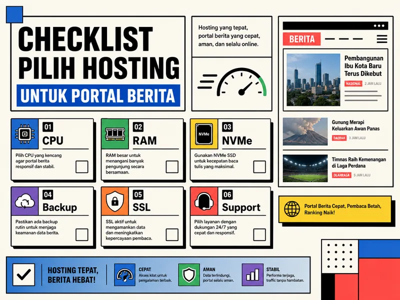 checklist spesifikasi hosting untuk portal berita seperti CPU RAM NVMe backup SSL dan support