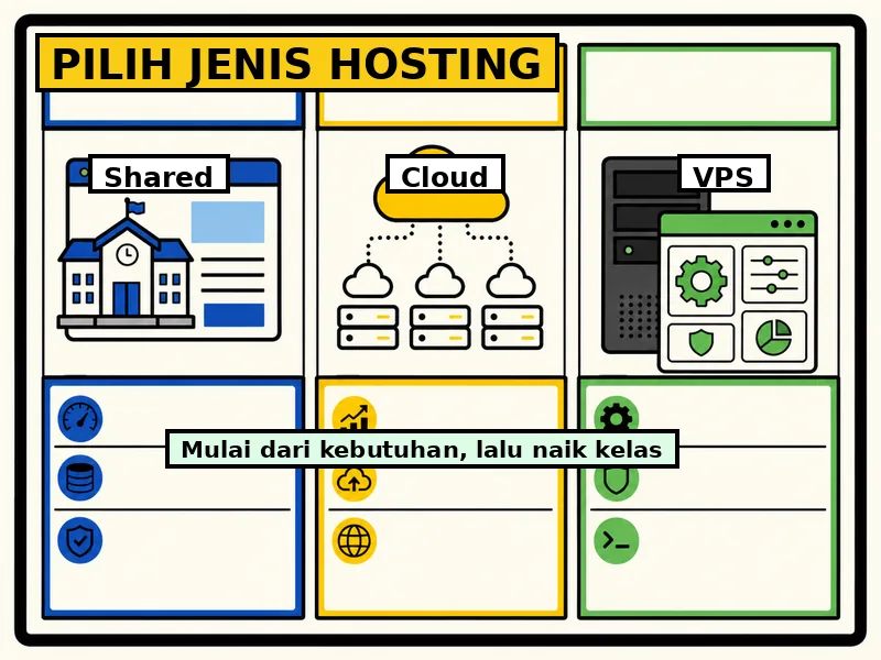 perbandingan shared hosting cloud hosting dan VPS untuk website sekolah