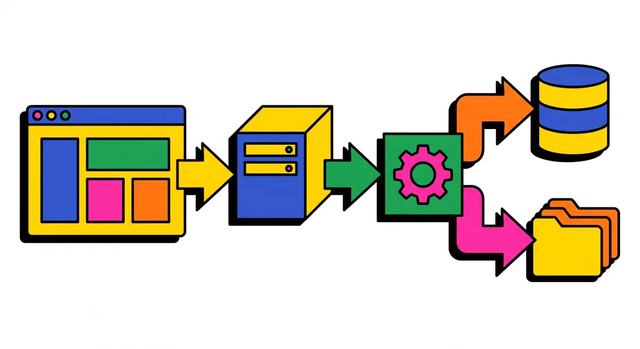 Diagram alur permintaan Moodle dari browser ke web server, mesin PHP, database, dan penyimpanan berkas