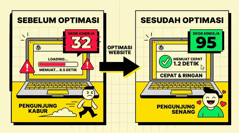 perbandingan sebelum dan sesudah optimasi kecepatan wordpress