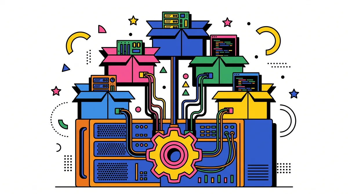 Ilustrasi satu server fisik dengan satu roda gigi inti bersama di bawah dan beberapa kotak container ringan bertumpuk di atasnya yang semuanya tersambung ke inti yang sama