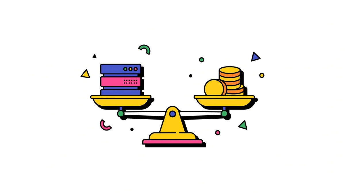 Ilustrasi timbangan seimbang dengan rak server ringkas di satu sisi dan tumpukan koin kecil di sisi lain