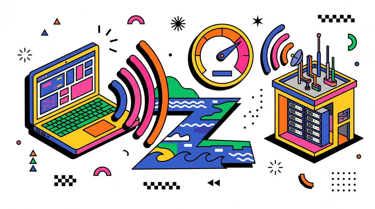 Ilustrasi laptop mengirim gelombang sinyal cepat melintasi laut pendek menuju rak server di gedung data center kecil, dengan jarum speedometer menunjuk cepat
