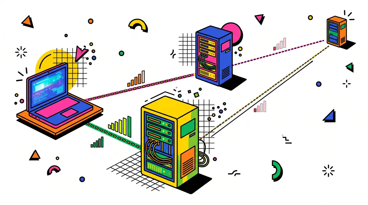 Ilustrasi tiga rak server pada jarak dekat, sedang, dan jauh dari laptop pengguna, dengan garis sinyal yang makin lemah seiring jarak