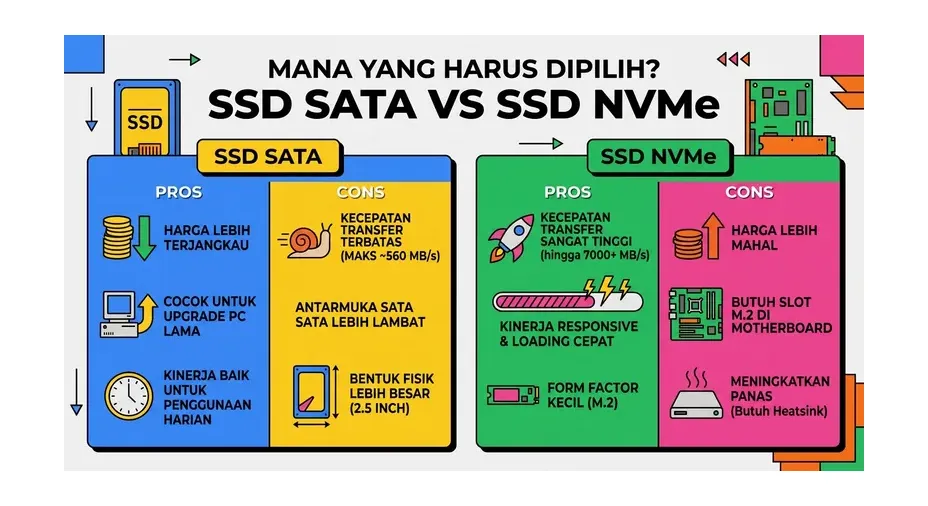 Ilustrasi perbandingan SSD SATA dan NVMe