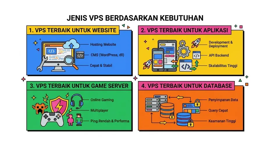 Infografis empat kebutuhan VPS: website, aplikasi, game server, dan database