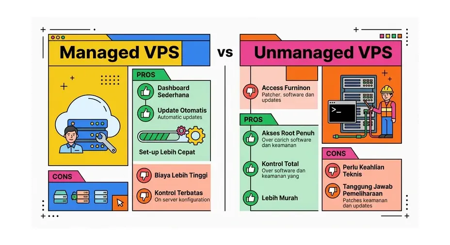 Infografis perbandingan managed dan unmanaged VPS, termasuk bantuan pengelolaan, kontrol root, biaya, dan tanggung jawab perawatan