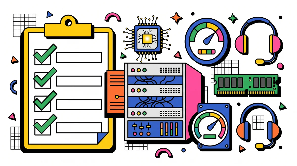 Ilustrasi papan klip checklist dengan centang hijau di samping chip CPU, keping RAM, SSD, gauge uptime, dan ikon headset support yang mengelilingi rak server