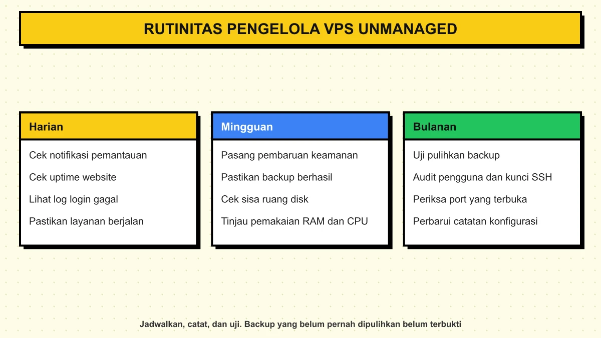 Diagram rutinitas harian, mingguan, dan bulanan pengelola VPS unmanaged