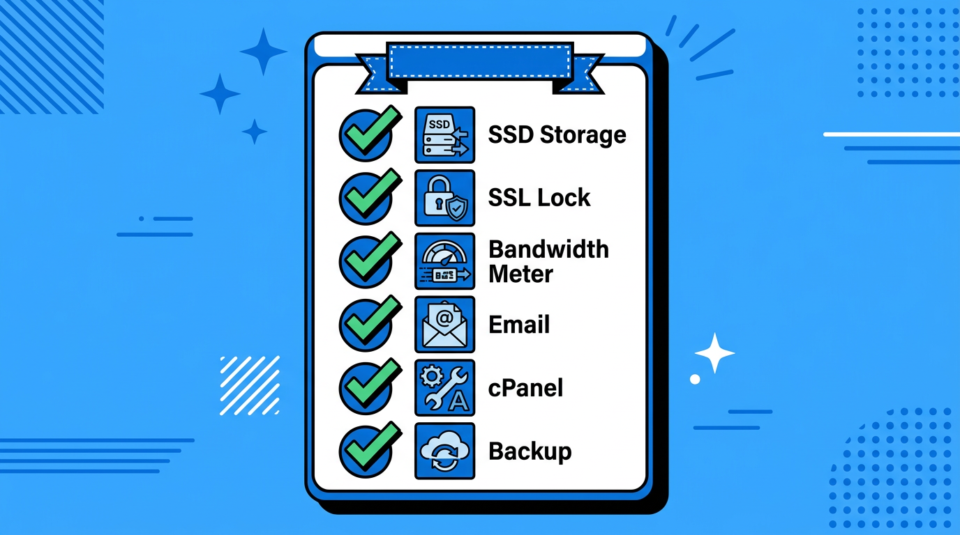 Infografis fitur penting web hosting murah seperti SSD, SSL, backup, dan support