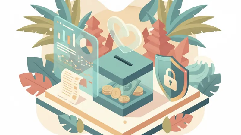 ilustrasi website donasi dengan kotak bantuan, laporan transparansi, dan pelindung keamanan