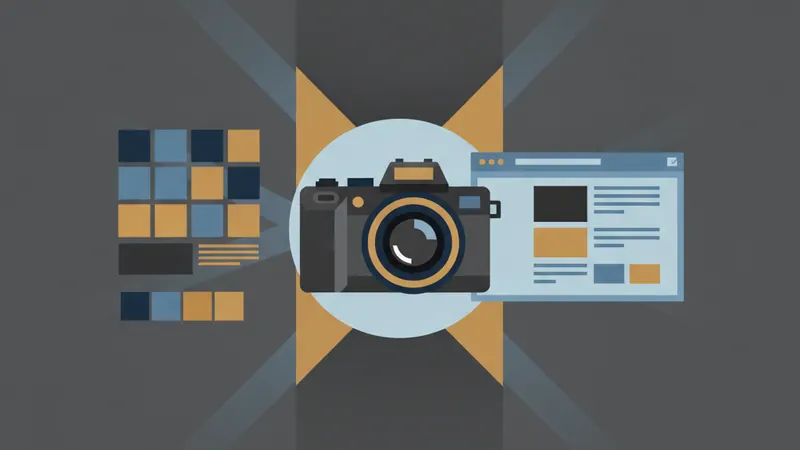 ilustrasi desain website fotografi dengan kamera, galeri portofolio, dan palet warna