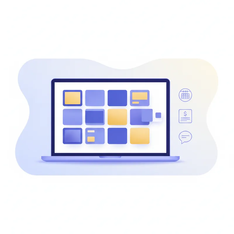 ilustrasi website freelancer dengan portofolio, proposal, invoice, kalender, dan papan proyek