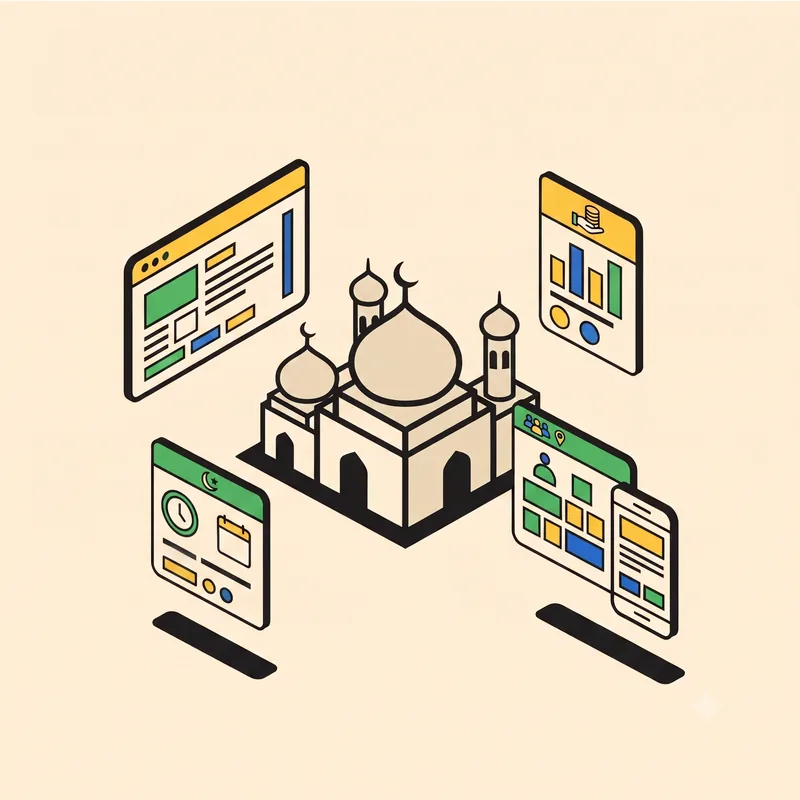 ilustrasi website masjid dengan jadwal salat, agenda kajian, informasi donasi, dan kontak pengurus