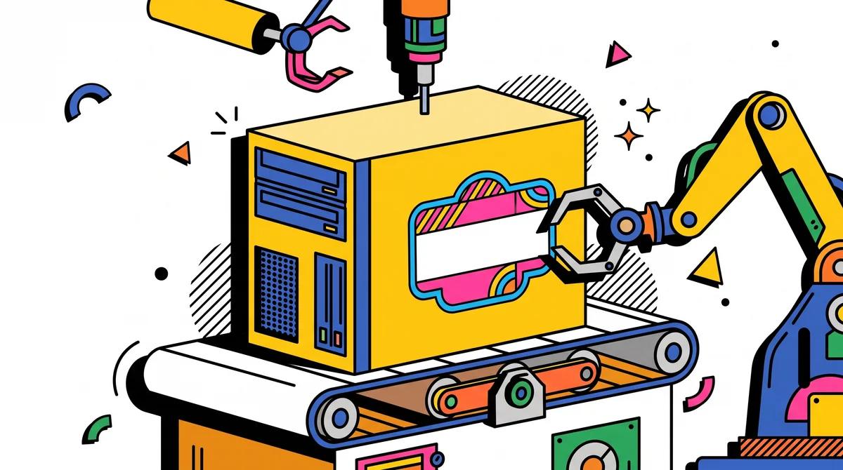 Ilustrasi kotak server polos tanpa merek di atas conveyor yang ditempeli stiker badge kustom berwarna oleh lengan robot